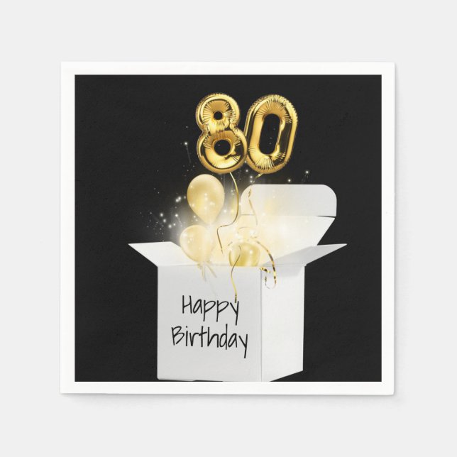 80th Birthday Gold Balloons In White Box Napkins (Front)