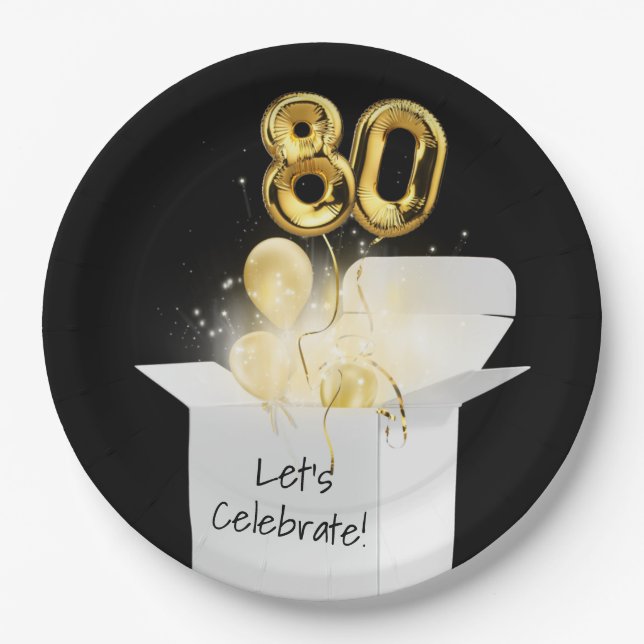 80th Birthday Gold Balloons In White Box   Paper Plates (Front)