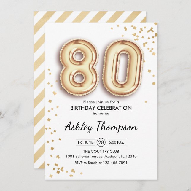 80th Birthday - Gold Balloons Invitation (Front/Back)
