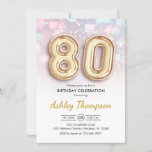 80th Birthday - Gold Balloons Pink Lights Invitation<br><div class="desc">80th birthday party invitation. Elegant design in faux glitter gold with pastel pink and purple lights. Invite card features gold number 80 balloons and script font. Perfect for a stylish bday celebration. Message me if you need custom age.</div>