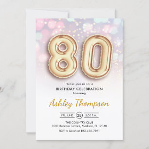 80th Birthday - Gold Balloons Pink Lights Invitation