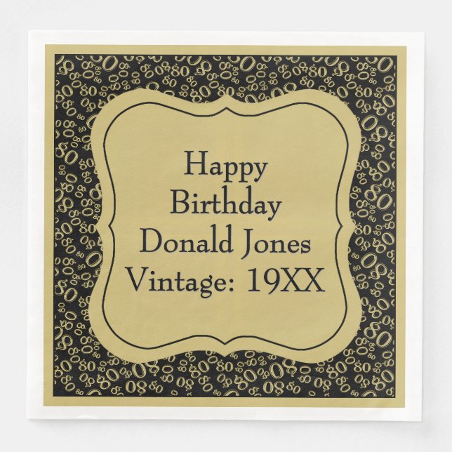 80th Birthday Gold/Black Bracket Number Pattern Paper Dinner Napkins (Front)