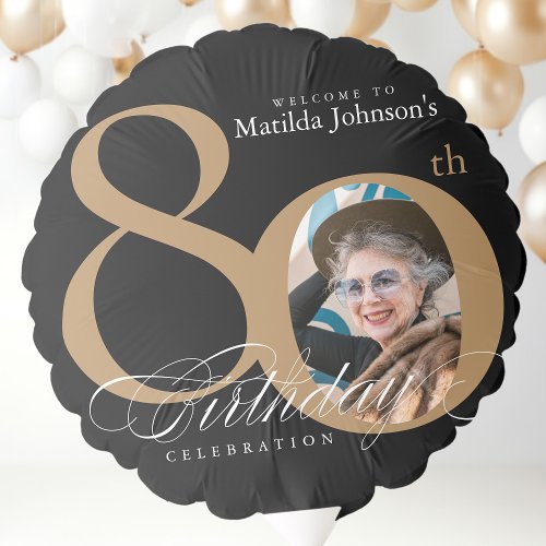 80th Birthday Gold Black Calligraphy Custom Photo Balloon