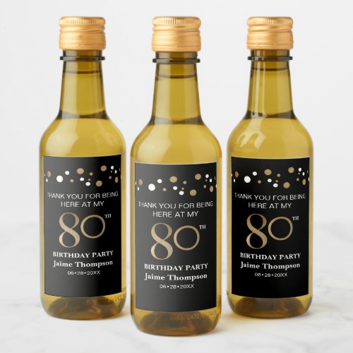 80th birthday Gold black confetti thank you Custom Wine Label