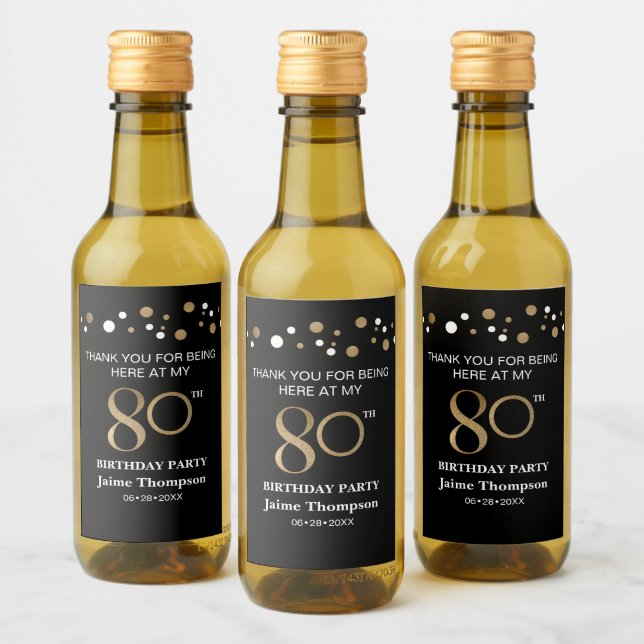 80th birthday Gold black confetti thank you Custom Wine Label (Bottles)
