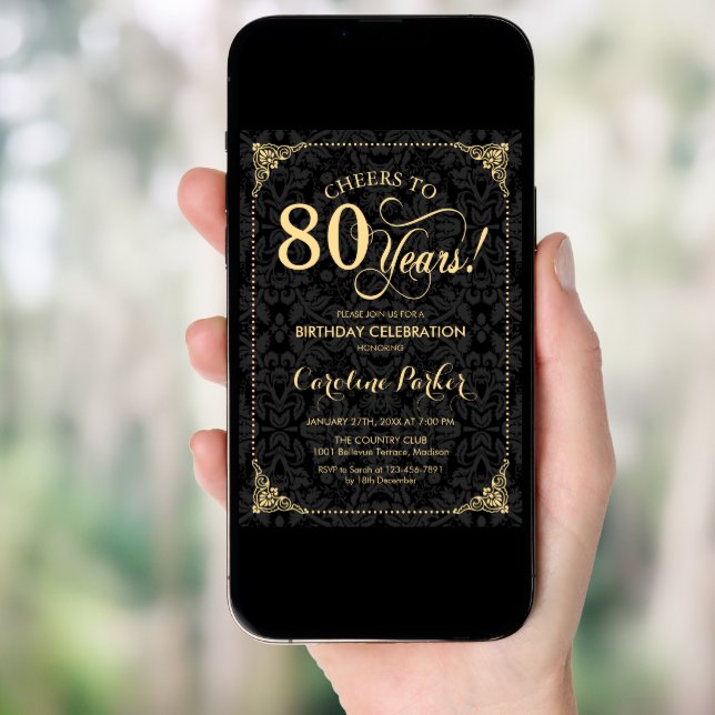 80th Birthday - Gold Black Damask Invitation (Front Digital)