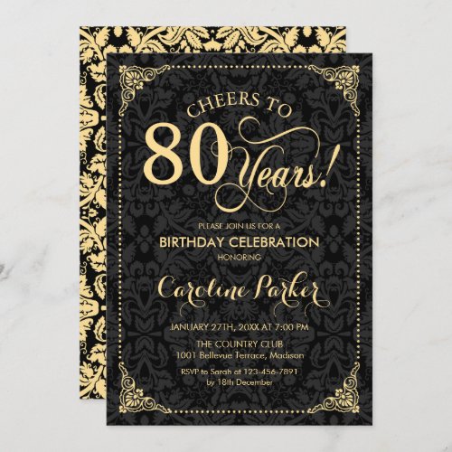 80th Birthday _ Gold Black Damask Invitation