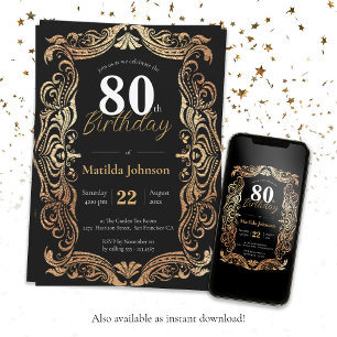 80th Birthday Gold Black Glamorous Boho Elegant Invitation