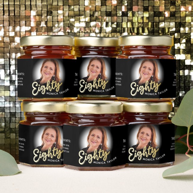80th birthday gold black personalized photo name honey jar favors (Creator Uploaded)