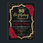80th Birthday - Gold Black Red Roses Invitation<br><div class="desc">80th birthday celebration invitation.
Elegant black design with faux glitter gold and red roses.
Perfect for an elegant birthday party. Can be customized into any age.</div>
