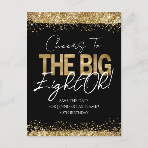 80th Birthday Gold Black Save the Date Postcard