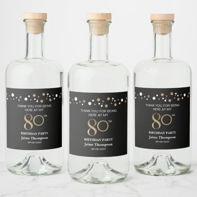 80th birthday Gold black theme confetti thank you  Liquor Bottle Label (Bottles)