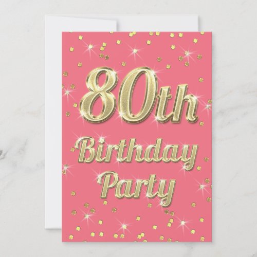 80th Birthday Gold Bling Typography Confetti Pink Invitation