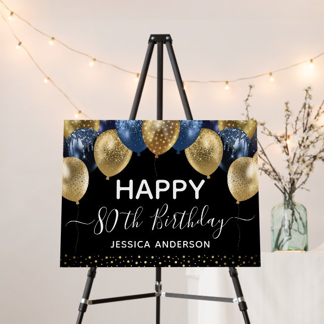 80th Birthday Gold Blue Black Balloons Foam Board (In Situ (Stand))