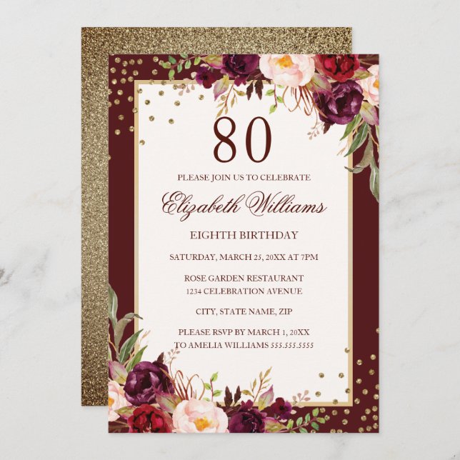 80th Birthday Gold Burgundy Floral Invitation (Front/Back)