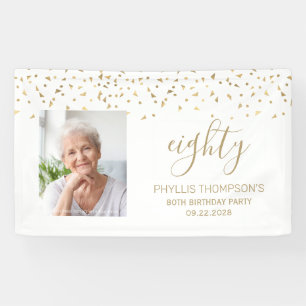 80th Birthday Gold Confetti Triangles Photo White Banner
