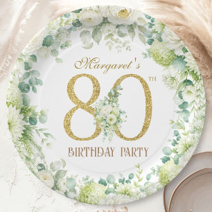 80th Birthday Gold Floral Eucalyptus Elegant Paper Plates