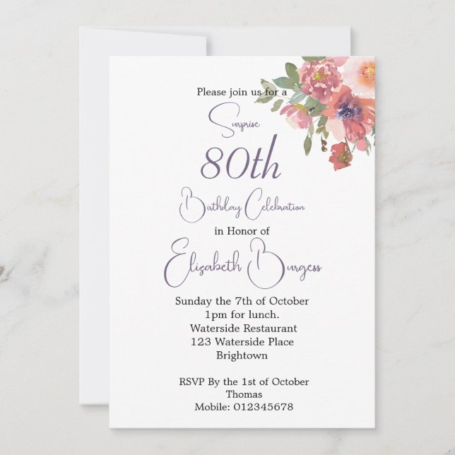 80th Birthday Gold Floral Pink Rose Elegant  Invitation (Front)