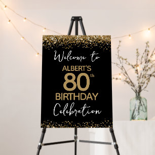 80th Birthday Gold Glitter and Black Welcome Foam Board