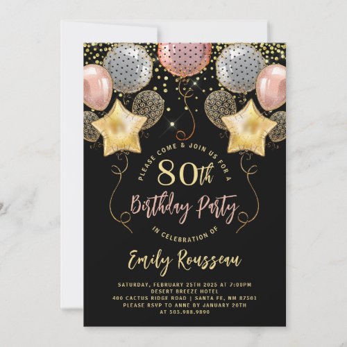 80th Birthday Gold Glitter Balloons Black  Invitation