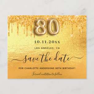 80th birthday gold glitter budget save the date flyer