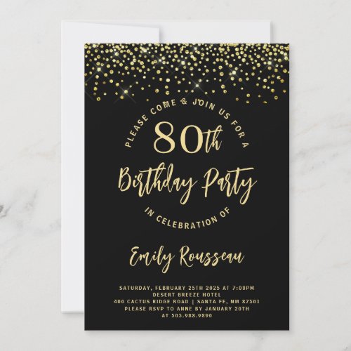 80th Birthday Gold Glitter Confetti Black Invitation