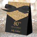 80th Birthday Gold Glitter Thank You Favor Boxes<br><div class="desc">This fabulous modern 80th Birthday Gold Glitter Thank You favor box with sparkling gold glitter, the birthday girl's name in a trendy script font, and tied with an elegant black bow would be perfect for your event. It would be great for a candy station, on a thank you gift table,...</div>