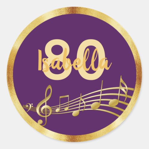 80th birthday gold music notes on elegant purple classic round sticker