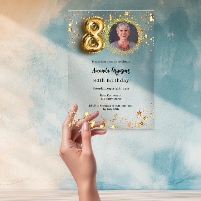 80th birthday gold photo stars clear acrylic invitations (Creator Uploaded)