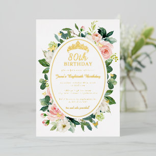 80th Birthday Gold Pink Butterfly Floral  Foil Invitation