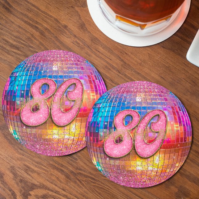 80th Birthday Gold Pink Glitter Dancing Disco Ball Round Paper Coaster (Creator Uploaded)