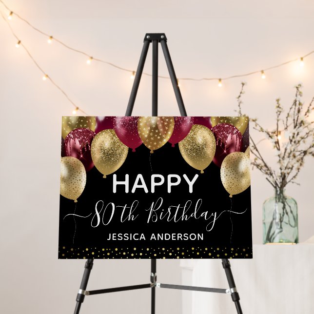 80th Birthday Gold Red Black Balloons Foam Board (In Situ (Stand))