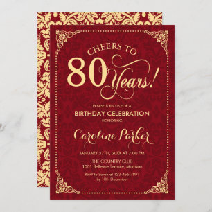 80th Birthday - Gold Red Damask Invitation