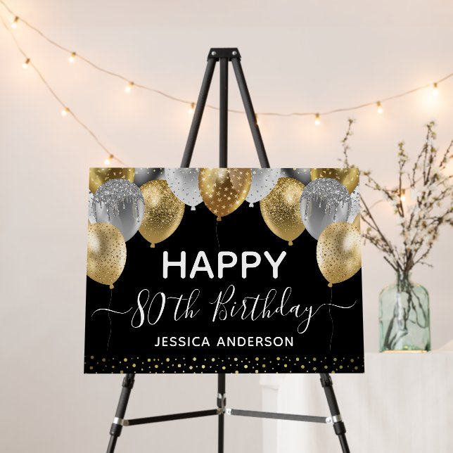 80th Birthday Gold Silver Black Balloons Foam Board (In Situ (Stand))