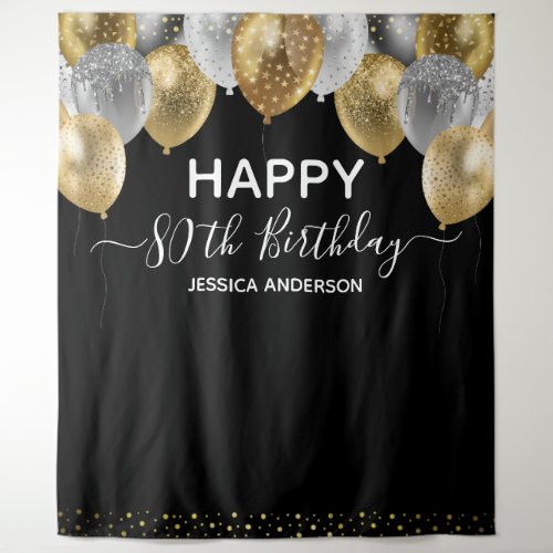 80th Birthday Gold Silver Black Balloons Tapestry