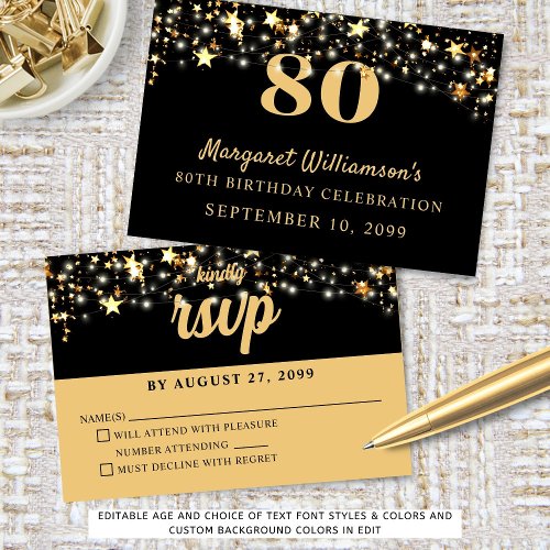 80th Birthday Gold Stars Custom Color RSVP Card