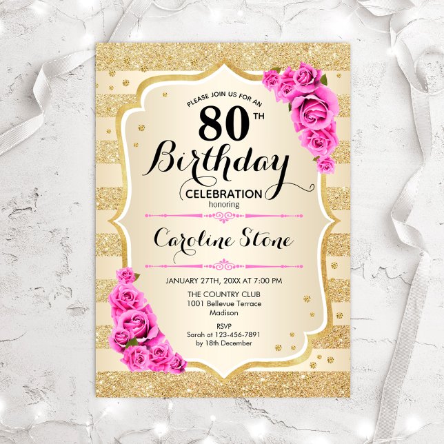 80th Birthday - Gold Stripes Pink Roses Invitation (Creator Uploaded)