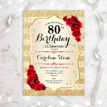 80th Birthday - Gold Stripes Roses Invitation<br><div class="desc">80th Birthday Invitation. Elegant design in gold and red. Features faux glitter gold stripes,  red roses stylish script font and confetti. Perfect for a glam birthday party.</div>