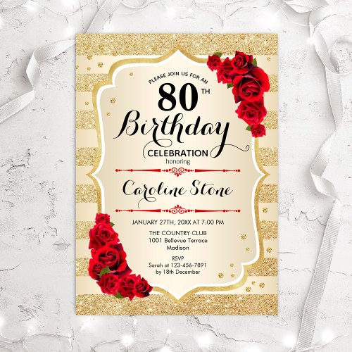 80th Birthday _ Gold Stripes Roses Invitation