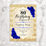 80th Birthday - Gold Stripes Royal Blue Roses Invitation<br><div class="desc">80th Birthday Invitation. Elegant design in gold and royal blue. Features faux glitter gold stripes,  sapphire roses stylish script font and confetti. Perfect for a glam birthday party.</div>