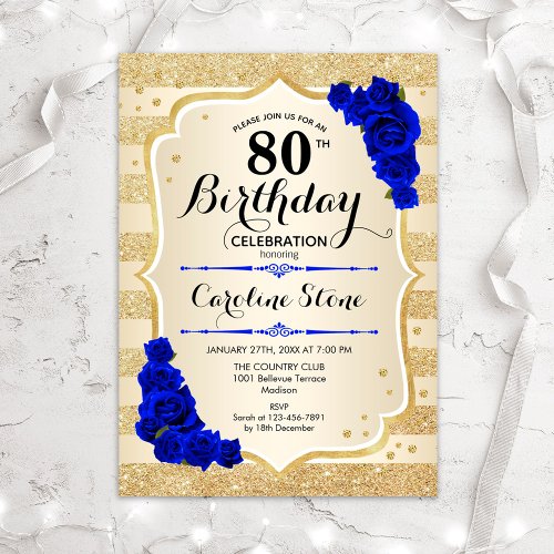 80th Birthday _ Gold Stripes Royal Blue Roses Invitation