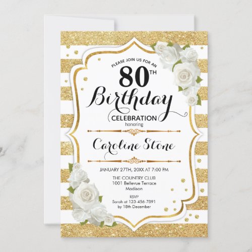 80th Birthday _ Gold White Stripes Roses Invitation