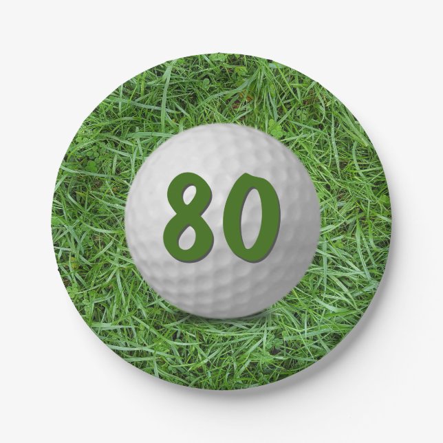 80th Birthday Golf Ball on Grass  Paper Plate (Front)