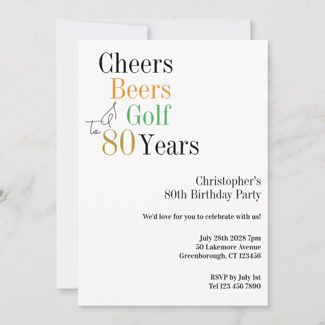 80th Birthday Golf Cheers Beers Minimal Party Invitation (Front)