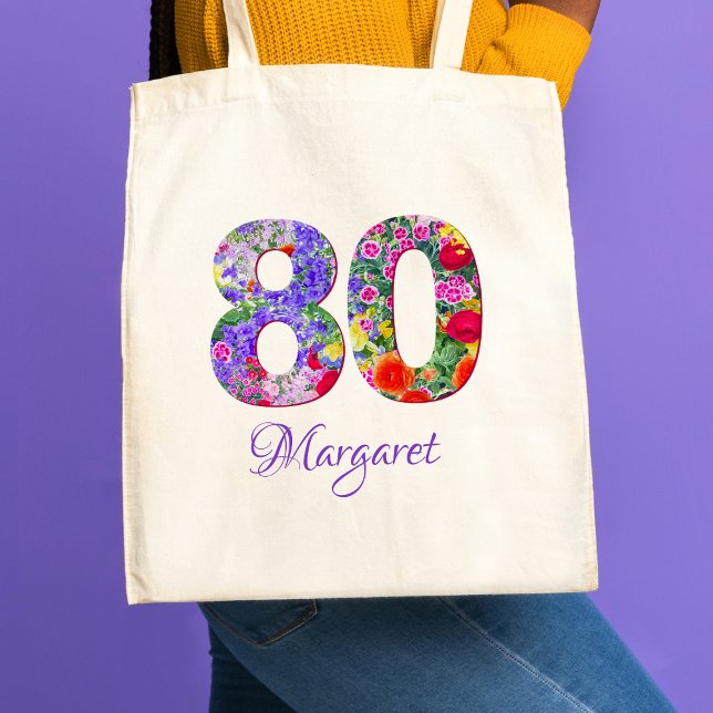 80th Birthday Grandma Gift – Floral Name 80 Years Tote Bag (Creator Uploaded)