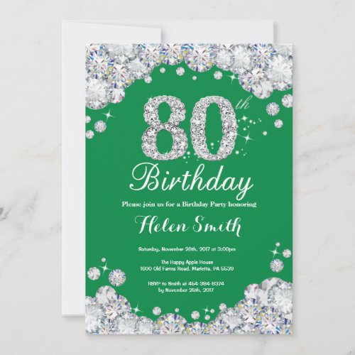 80th Birthday Green and Silver Diamond Invitation