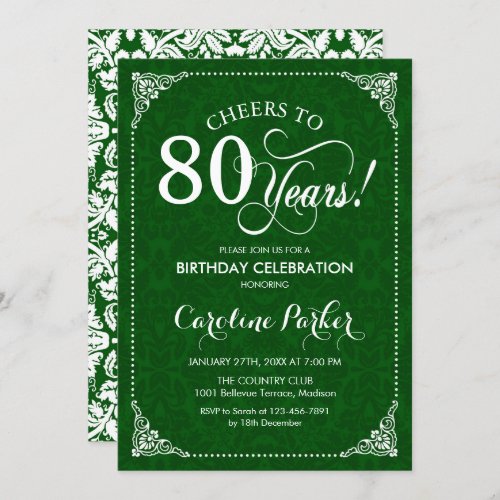 80th Birthday _ Green Damask Invitation