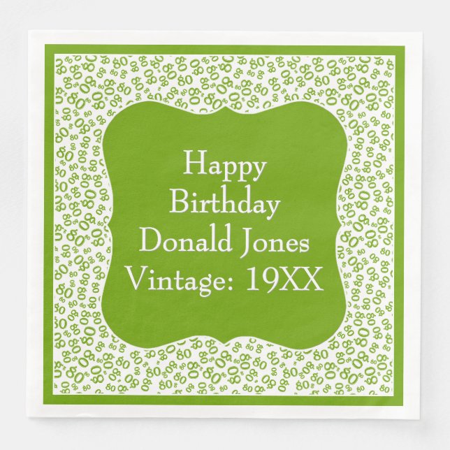 80th Birthday Green/White Bracket Number Pattern Paper Dinner Napkins (Front)