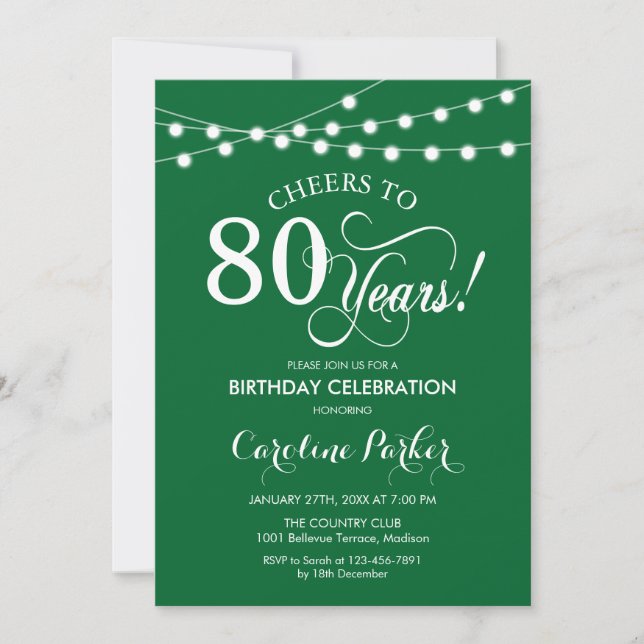 80th Birthday - Green White Invitation (Front)