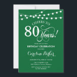 80th Birthday - Green White Invitation<br><div class="desc">80th Birthday Invitation
Elegant emerald forest green white design with fairy string lights and script font. Cheers to 80 years! Can be personalized into any age! Message me if you need further customization.</div>
